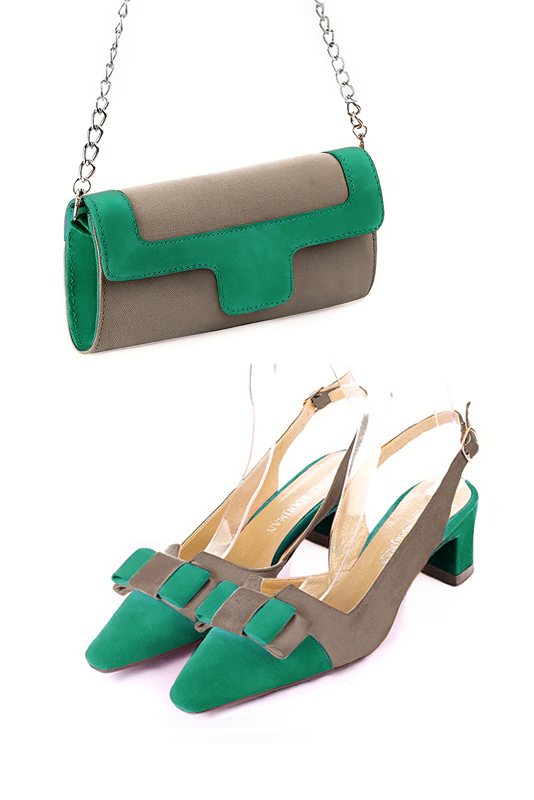 Women's taupe brown and emerald green luxurious elegant clutch for ceremonies, weddings and evenings out. - Worn view